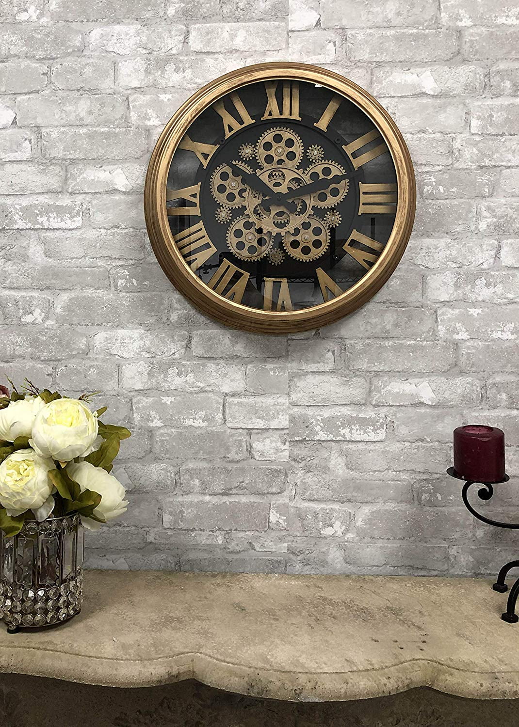 Steampunk Mechanical Moving Gears Vintage Gold Mirror Wall Clock Roman Numerals 