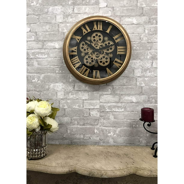 Ebros Large Steampunk Moving Gears Round Gold & Black Wall Clock (Roman
