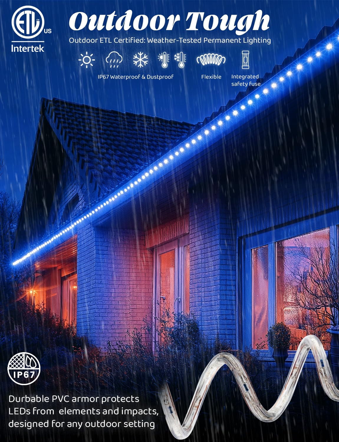 West Ivory 216LEDs, 20ft LED Outside Rope Lights, Waterproof Permanent Outdoor ETL Certified Connectable Clear Tube, Christmas Palm Tree Holiday Decorative Landscape Patio Accent Lighting - Blue