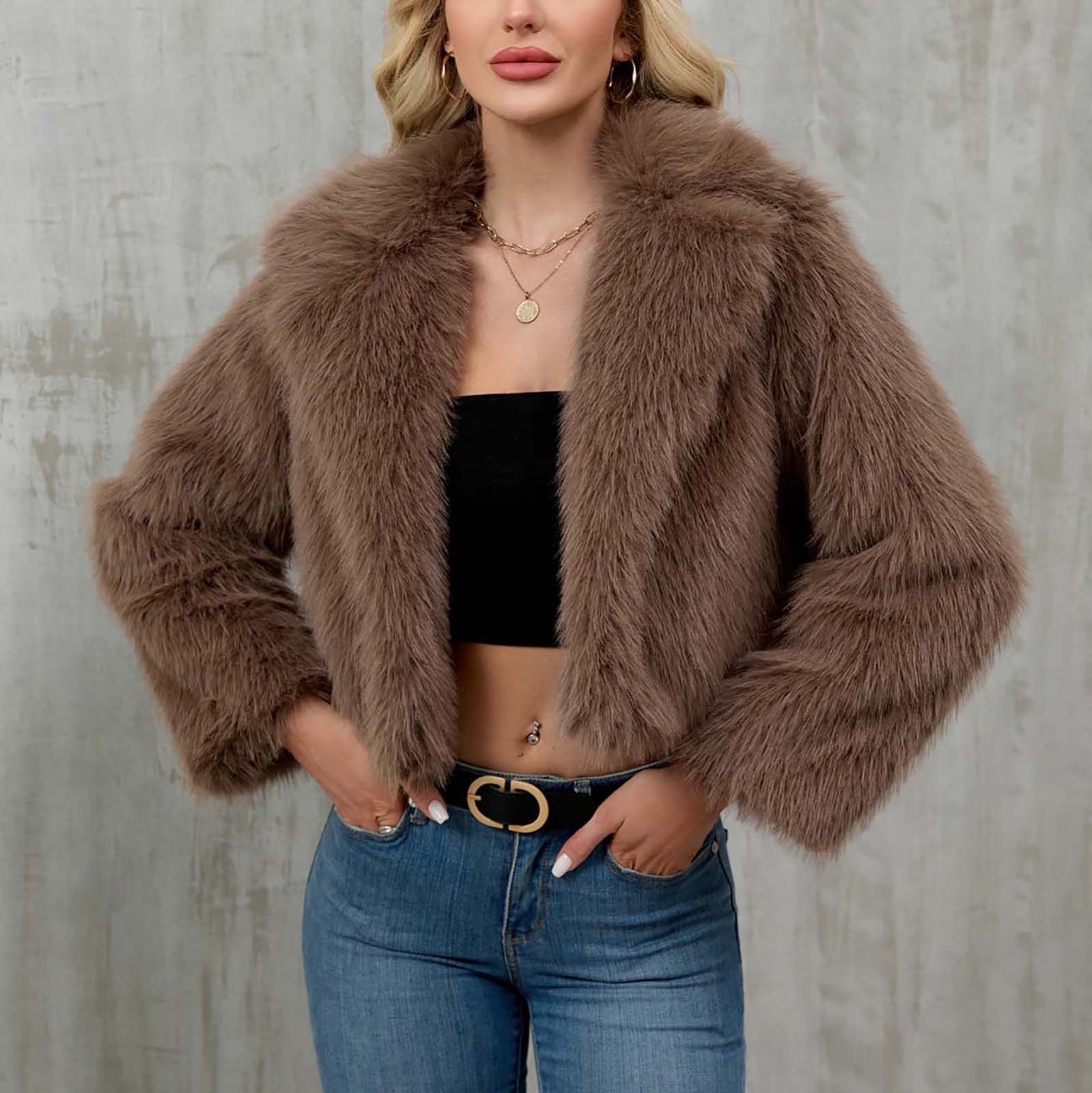 QATAINLAV Faux Fur Coats for Women Open Front Long Sleeve Lapel Fluffy Jacket Warm Shaggy Winter Outerwear, Brown, S