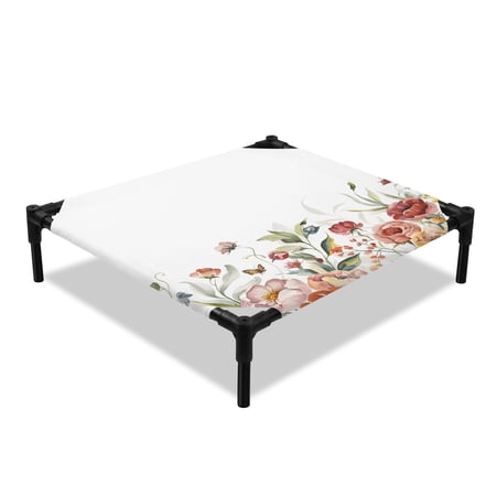 Pink Red Flowers Elevated Dog Bed Wildflowers Leaf Butterfly Cooling Breathable Outdoor Raised Dog Cot Bed with Metal Frame Non-Slip Feet for Small Dog 20x20in
