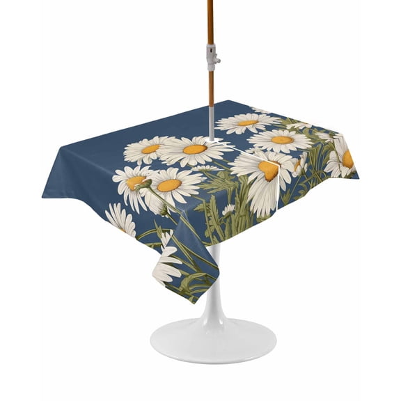 Daisy Rectangle Outdoor Tablecloth, Waterproof Table Cloth Cover with Umbrella Hole and Zipper, Spring Floral Summer Botanical Elegant Navy Blue Table Protector for Patio Party Picnic 52"x70"