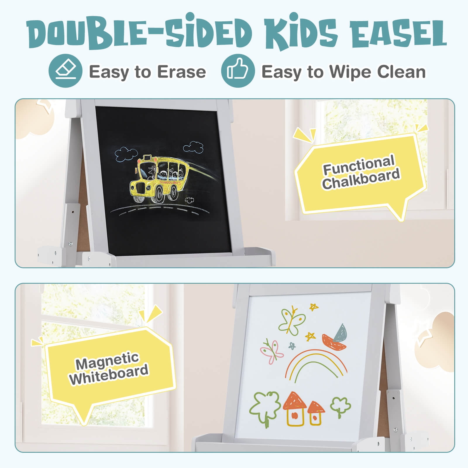 Costway Foldable Easel for Kids 3-in-1 Double-sided Art Easel with Chalkboard Green