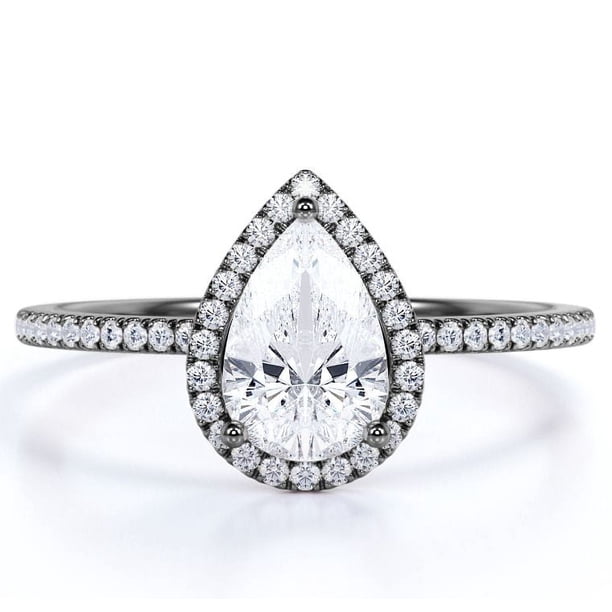 JeenMata Anillo de Compromiso de 1 Quilate con Piedra Natal de Abril en Corte de Pera - Anillo de Bodas - Anillo de Halo - Anillo Pavé - Anillo de Promesa - Baño de Oro Negro de 18 K sobre Plata