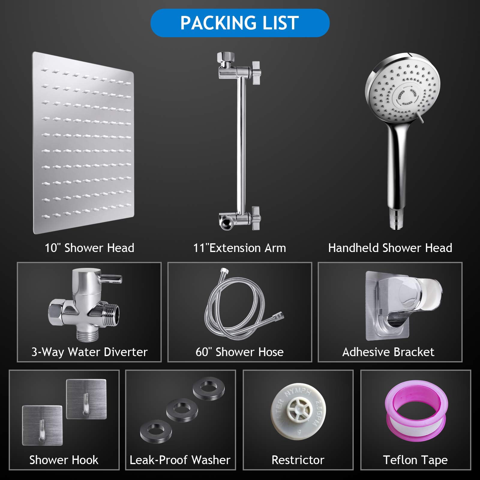 Shower Head Combo 10 Inch High Rain With 11 In Adjustable Extension Arm And 5 Settings Handheld Spray Against Low Water Long Hose