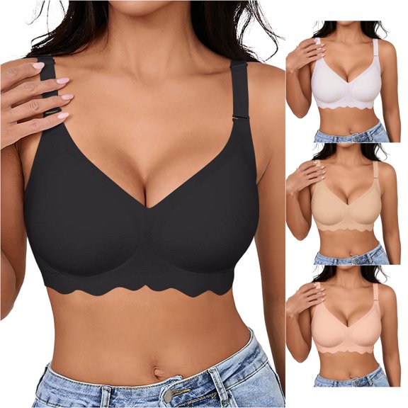 Xijirk Women Bra with Scalloped Edge Texture Seamless Wirefree Adjustable Wide Straps Full Coverage for Daily Home Casual Lounge Wear,Black,M