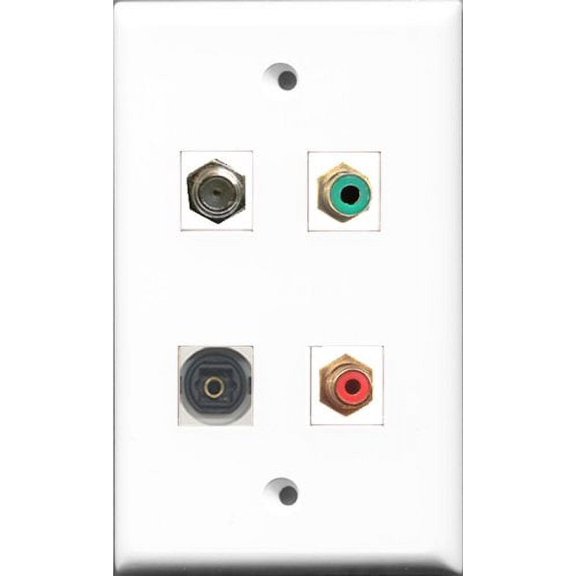 RiteAV 1 Port RCA Red and 1 Port RCA Green and 1 Port Coax Cable TV- F-Type and 1 Port Toslink Wall Plate