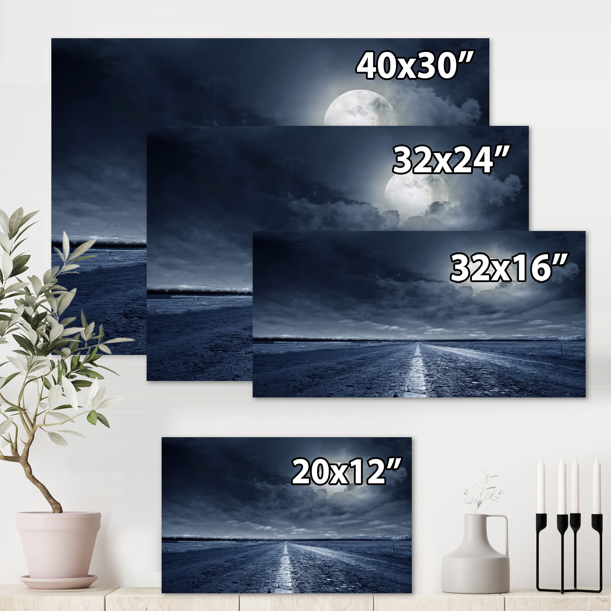 Designart ' Cloudy Full Moon Over Asphalt Road I ' Nautical & Coastal Canvas Wall Art Print