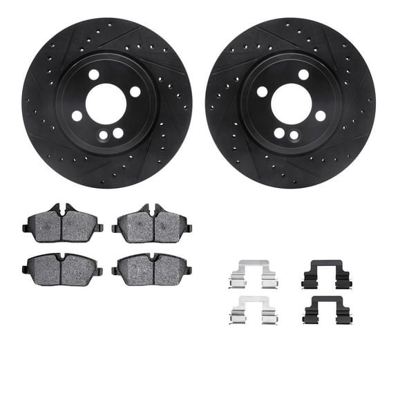 Dynamic Friction Company Front Brake Rotors-Drilled and Slotted-Black with 5000 Advanced Brake Pads includes Hardware 8512-32006