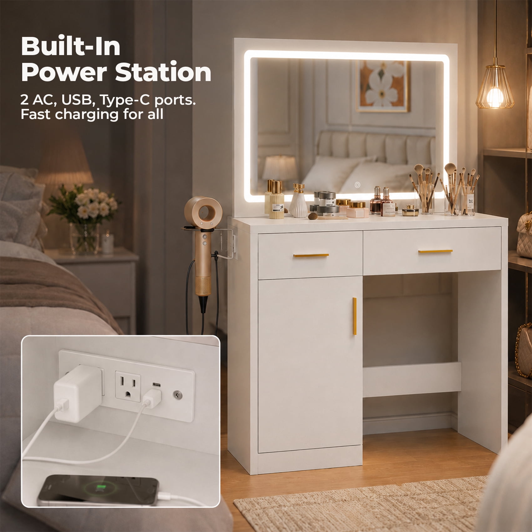 Alvantor Makeup Vanity Desk with Glass Top & LED Mirror, Adjustable Lighting, Storage Drawers, White