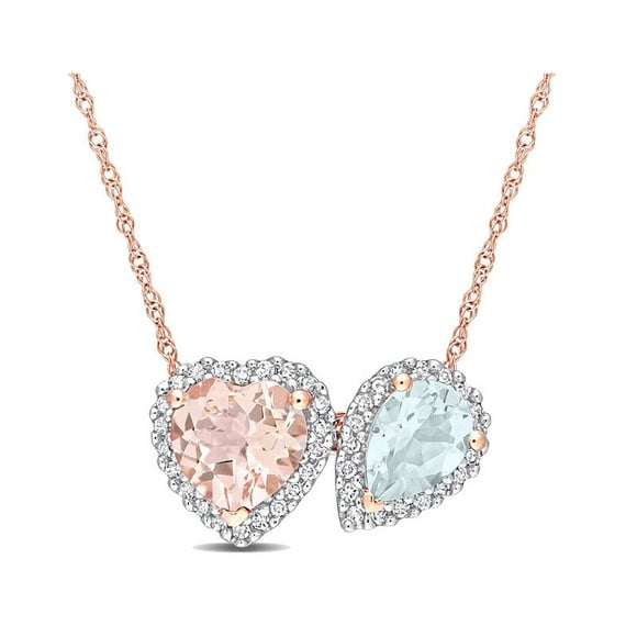 1.75 Carat (ctw) Morganite and Aquamarine Heart Pear Pendant Necklace in 10K Rose Pink Gold with Chain