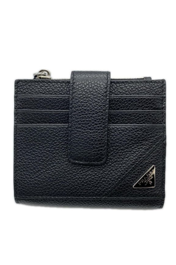 Pre-Owned PRADA Vitello Micrograin Triangle Compact Wallet 2MC066, Black Leather, Men's Bifold
