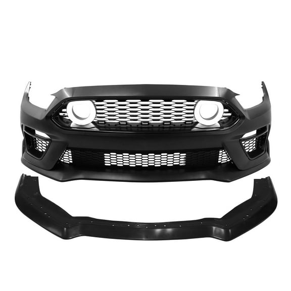 Ikon Motorsports Front Bumper Covers W/ Chin Lip Compatible with 2015-2017 Ford Mustang EcoBoost/GT/3.7L V6 Mach 1 Style Primer Black PP Replacement Bumper Conversion Bodykits W/ Fog Covers Lamp