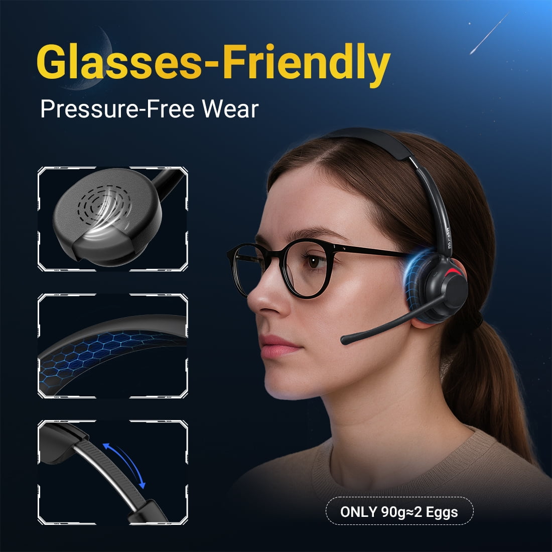 Blucalm V5.4 Wireless Headset with Microphone, Computer Headset with Charging Base & USB Dongle for PC, Wireless Headphones with Noise-Cancelling Mic for Work, WFH, Teams