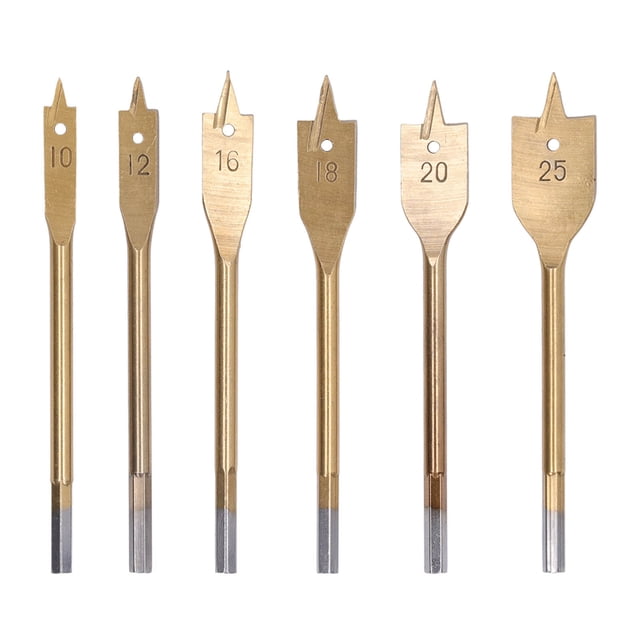 Juego de 6 brocas de pala de acero de alto carbono con 3 filos incisivos, vástago hexagonal, broca de pala para madera para carpintería, color dorado