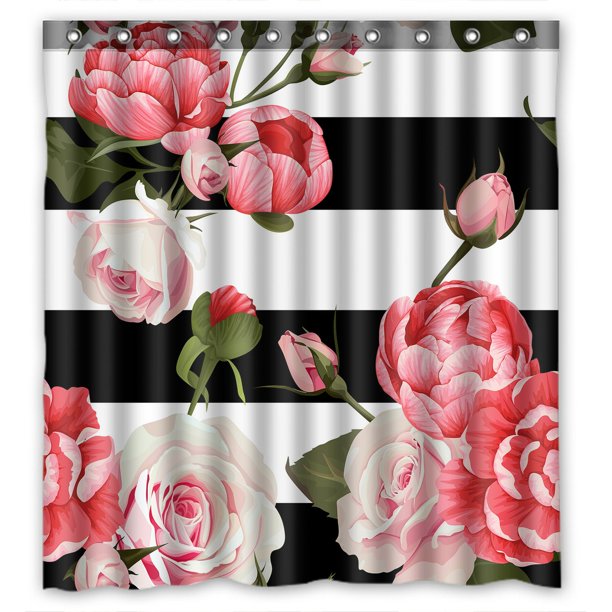 ABPHQTO Peony And Roses Black White Stripes Flower Waterproof Polyester