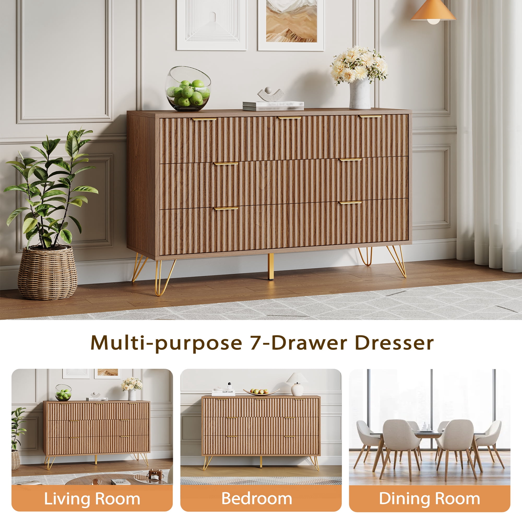 YouTrend 7 Drawer Dresser with Fluted Wood and Metal Handles Legs for Bedroom Living Room Hallway