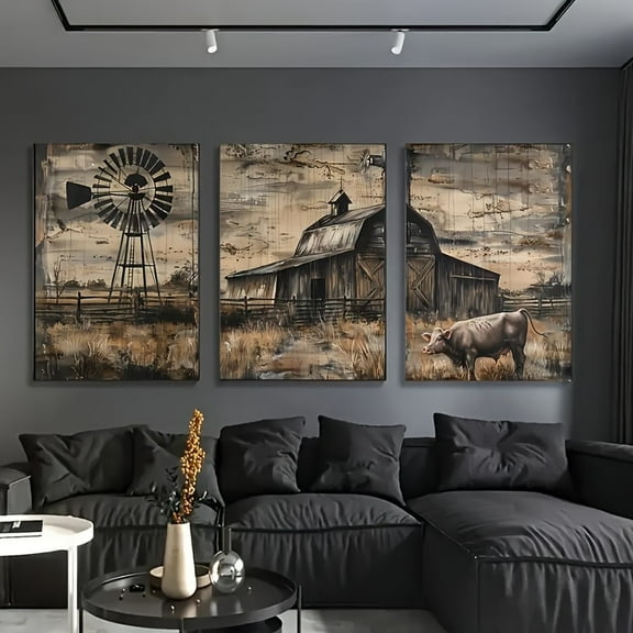 3-Piece Rustic Farmhouse Wall Art Set - Art Deco Classic Retro Style Landscape Canvas, Windmill & Barn Theme, Ideal for Home Office, Bathroom, Living Room, Bedroom Decor, Ink Medium, Reusable, Portr
