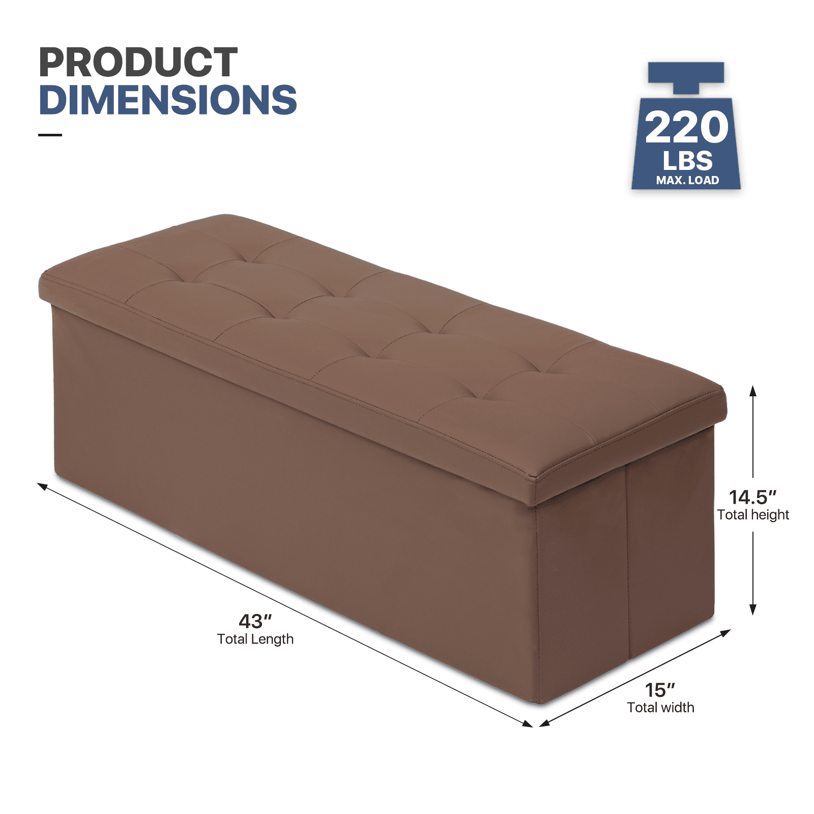 MoNiBloom 43" Collapsible Ottoman with Storage, PU Leather Storage Ottoman Bench, Modern Storage Footstool for Living Room Bedroom Entryway, Brown