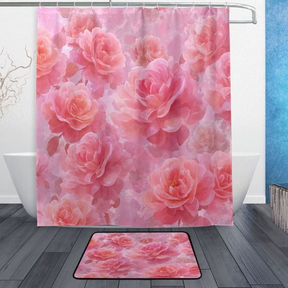 TTYFWHD 60" x 72" Shower Curtain and Bath Mat Set Pale Pink Roses Pattern Waterproof Bathroom Curtain with 12 Hooks, Bathroom Decor Set