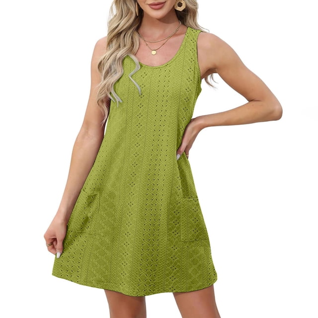 Liquidation d'Été 2025! Robe Grande Taille pour Femmes, Liquidation d'Été pour Femmes, Mode Femmes Été Poche Décontractée Robe Mini Sans Manches Col Rond