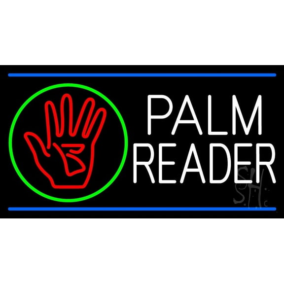 White Palm Reader With Logo Blue Line LED Neon Sign 13" Tall x 24" Wide - inches Black Square Cut Acrylic Backing, with Dimmer - Bright and Premium built indoor LED Neon Sign for Storefront.