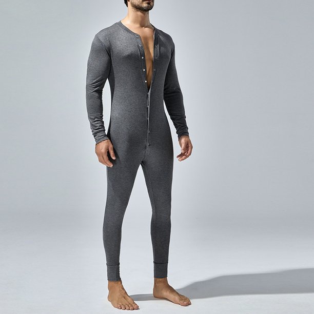 Pijama ajustado de poliéster para hombre, de color liso, con cuello redondo, manga larga y botones, a la moda
