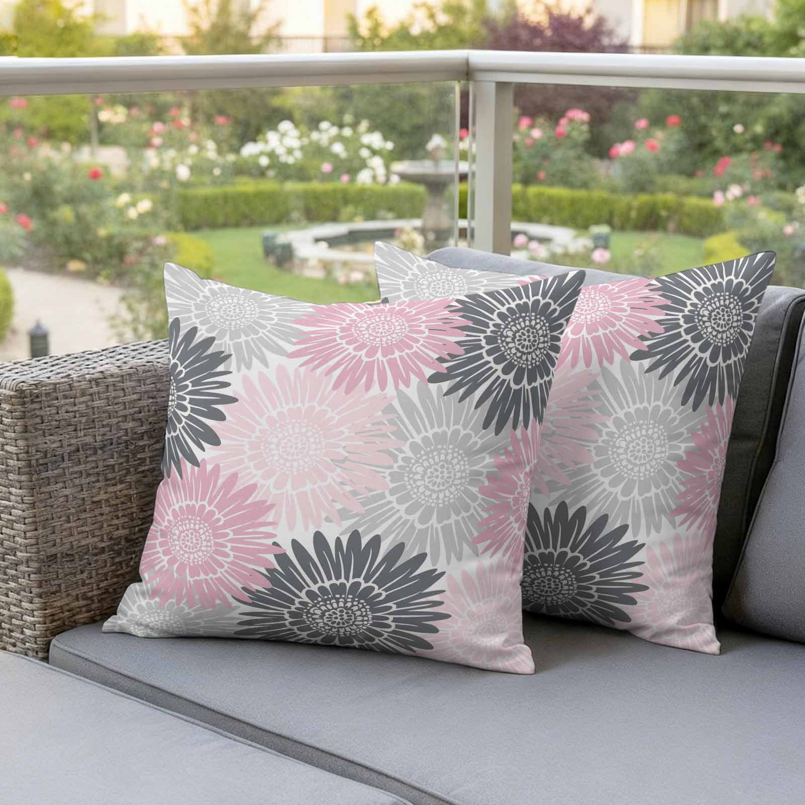 Pink Grey Sunflowers Outdoor Waterproof Throw Pillow Covers 18x18 Set of 2, Boho Rustic Floral Vintage Blossom Decorative Pillowcases Cushion Pillowcase for Couch Sofa Patio Outside Pillow Protector
