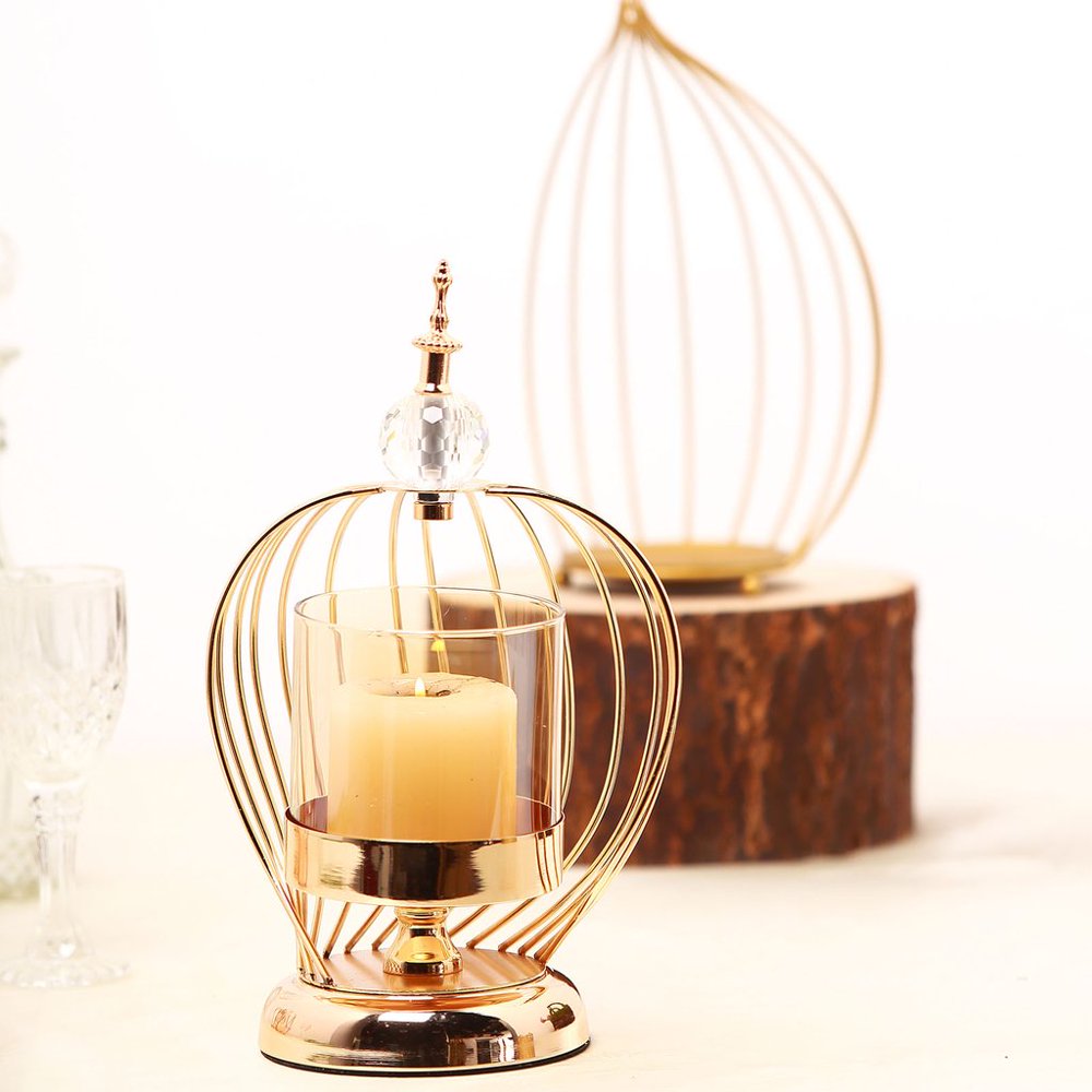 BalsaCircle Gold Metal Open Bird Cage Candle Holder Glass Party
