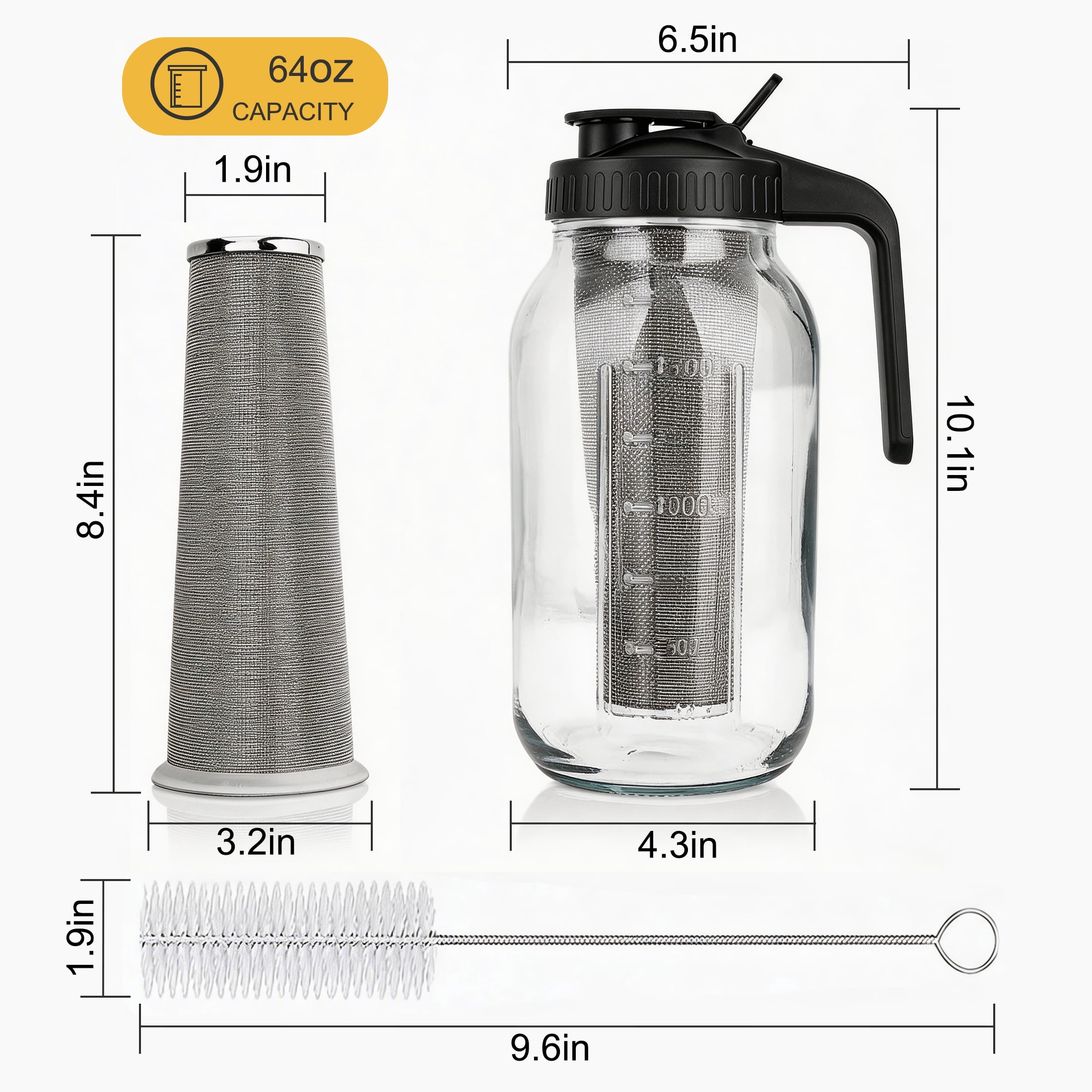 Cold Brew Coffee Maker, 64 oz Mason Jar Pitcher with Stainless Steel Filter, Pour Spout Handle Lid, Glass Airtight & Leak-Proof Pitcher for Iced Brew Coffee & Tea Lemonade