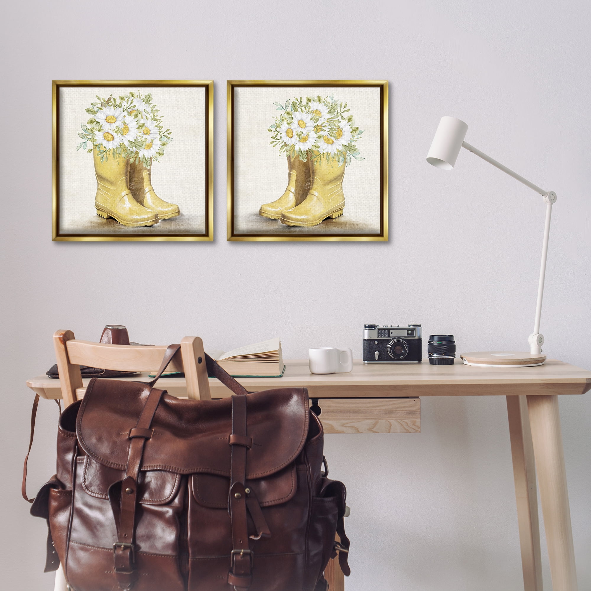 Stupell Industries Yellow Garden Boots Daisies Plants & Flowers Painting Gold Floater Framed Canvas Art Print Wall Art, 18 x 18, Set of 2