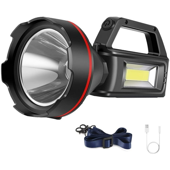 Rechargeable Spotlight Flashlight, High Lumens Handheld Spotlight,LED Searchlight with Shoulder Strap and USB Output for During Hurricane,Emergency, Storms, Outages,Hunting , Hiking, Camping(Black1)