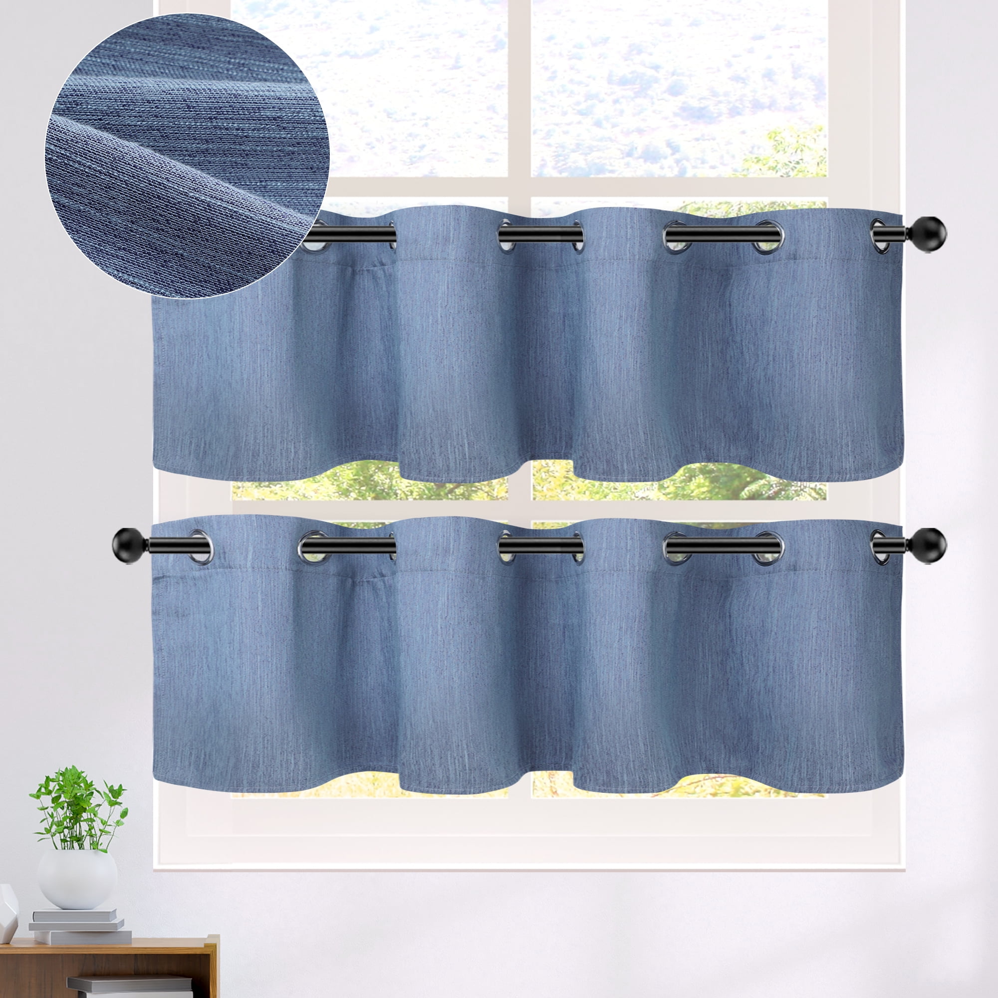 Unique Bargains 2 Panels Kitchen Linen Look Blackout Curtains Steel Blue 52"W x 18"L