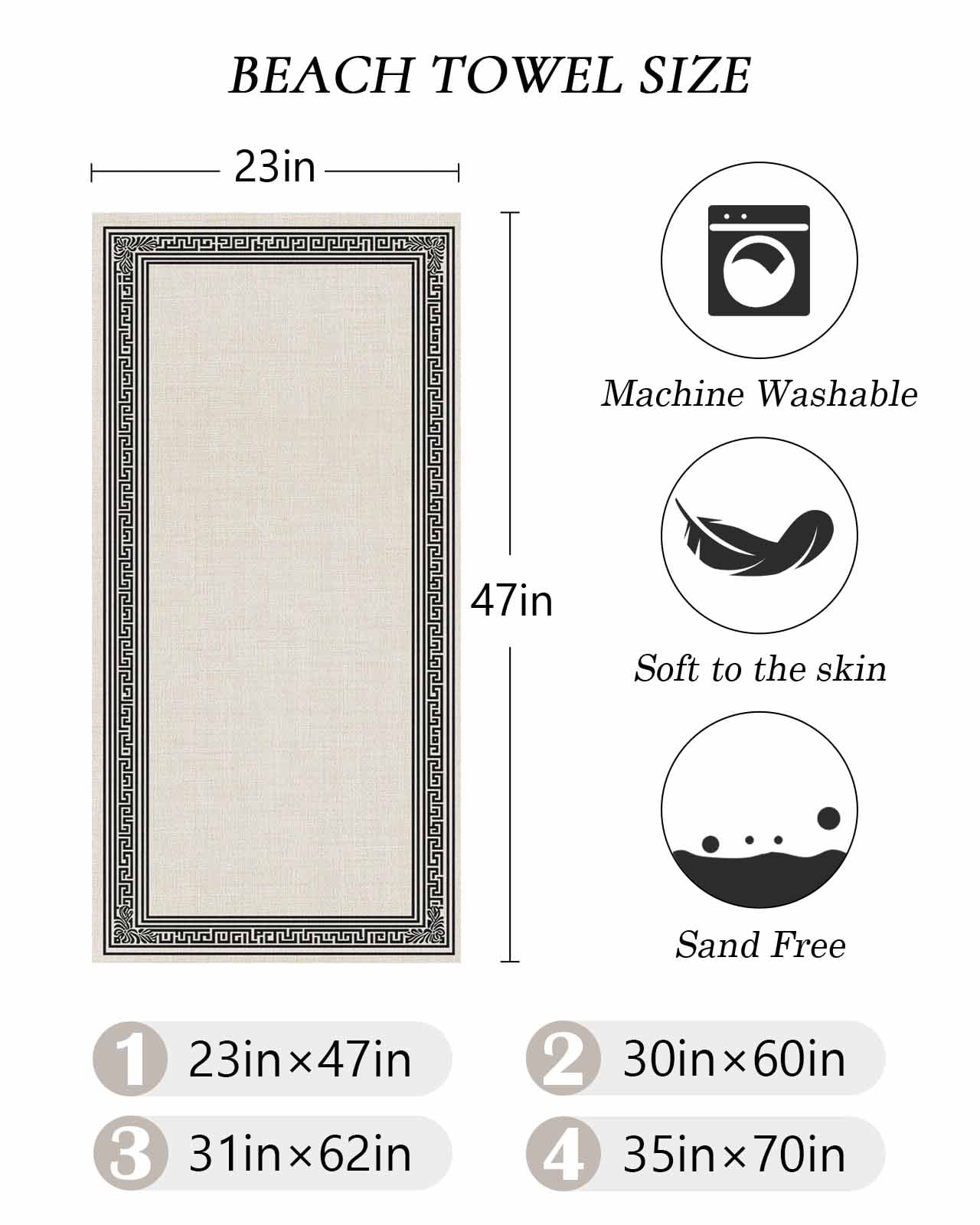 Black Cream Greek Key Beach Towels Oversized Super Absorbent, Geometric Greece Ancient Rustic Lightweight Bath Towel Quick Dry Sets For Bathroom/Pool/Rv Camping/Beach Play/Gym Room/Picnic 30"x60"
