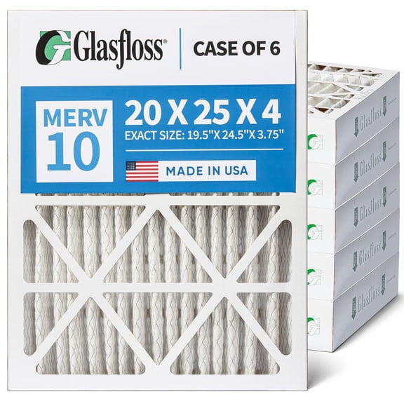 6 Pack of 20x25x4 MERV 10 Pleated 4" Inch Air Filters by Glasfloss. Actual Size: 19-1/2 x 24-1/2 x 3-3/4