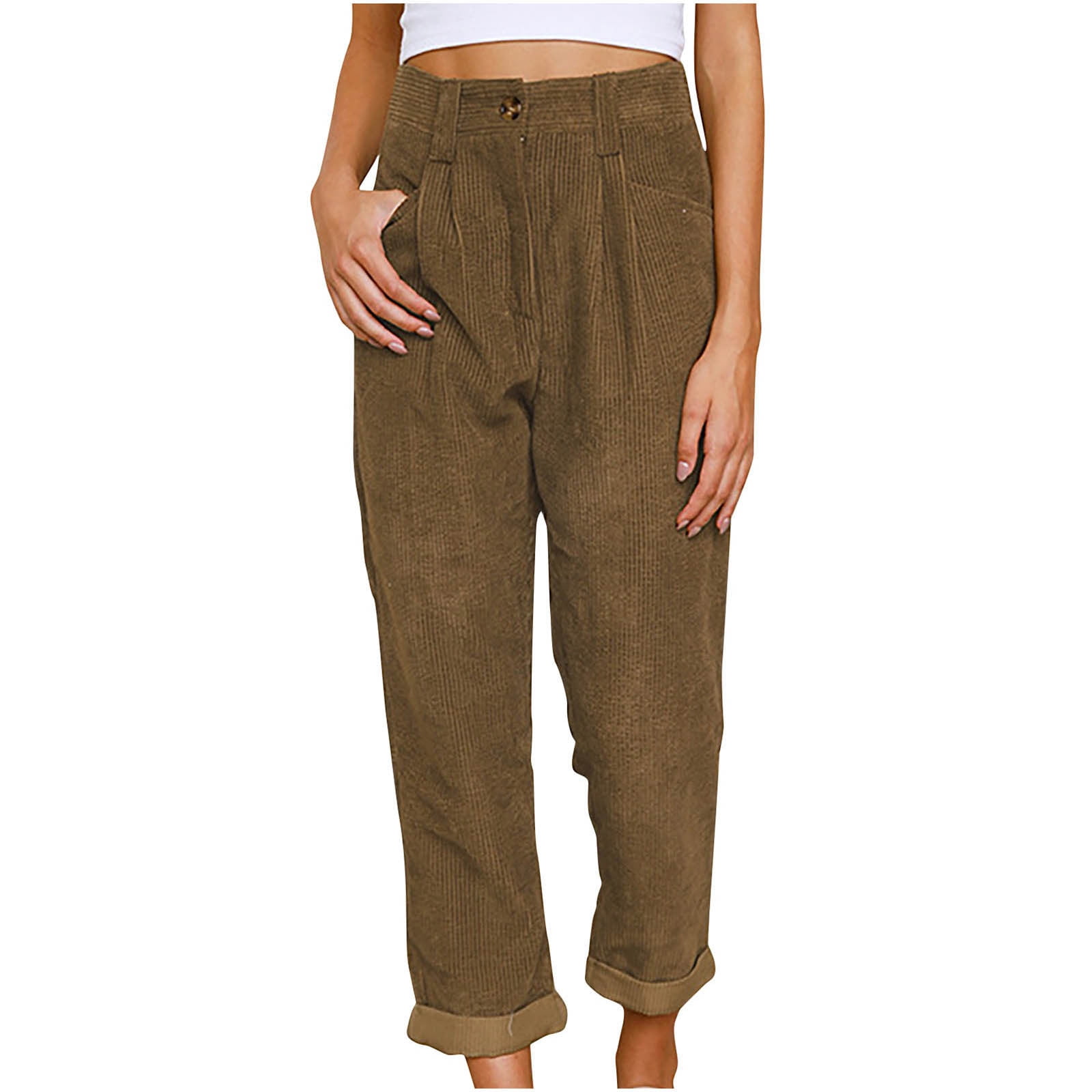 Women s High Waisted Straight Leg Corduroy Pants Loose Fit Solid Color Casual Comfy Trousers for Work with Pocket Walmart