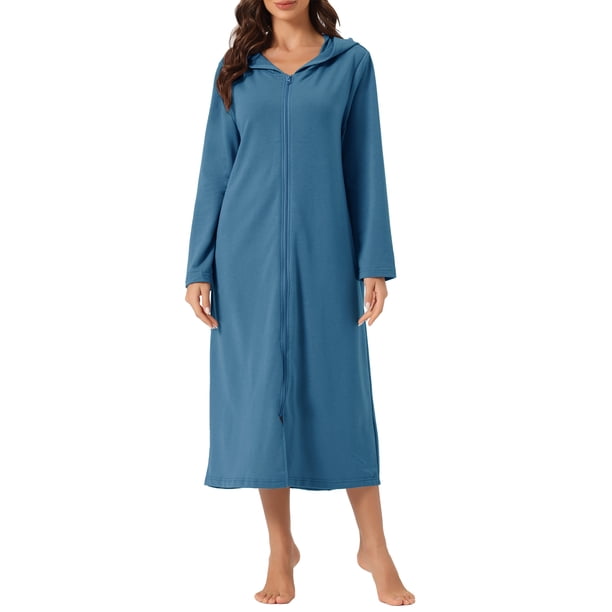 INSPIRE CHIC Bata de Noche con Cremallera para Mujeres, Bata Larga de Manga Larga con Capucha, Ropa de Casa con Bolsillos XL Azul Lago