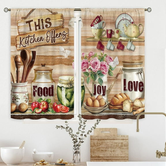 Farmhouse Kitchen Curtains 27.5Wx39H Inch Rod Pocket Rustic Retro Wooden Plank Fruit Vegetables Food Utensils Art Printed Country Living Room Bedroom Window Drapes Treatment Fabric 2 Panels