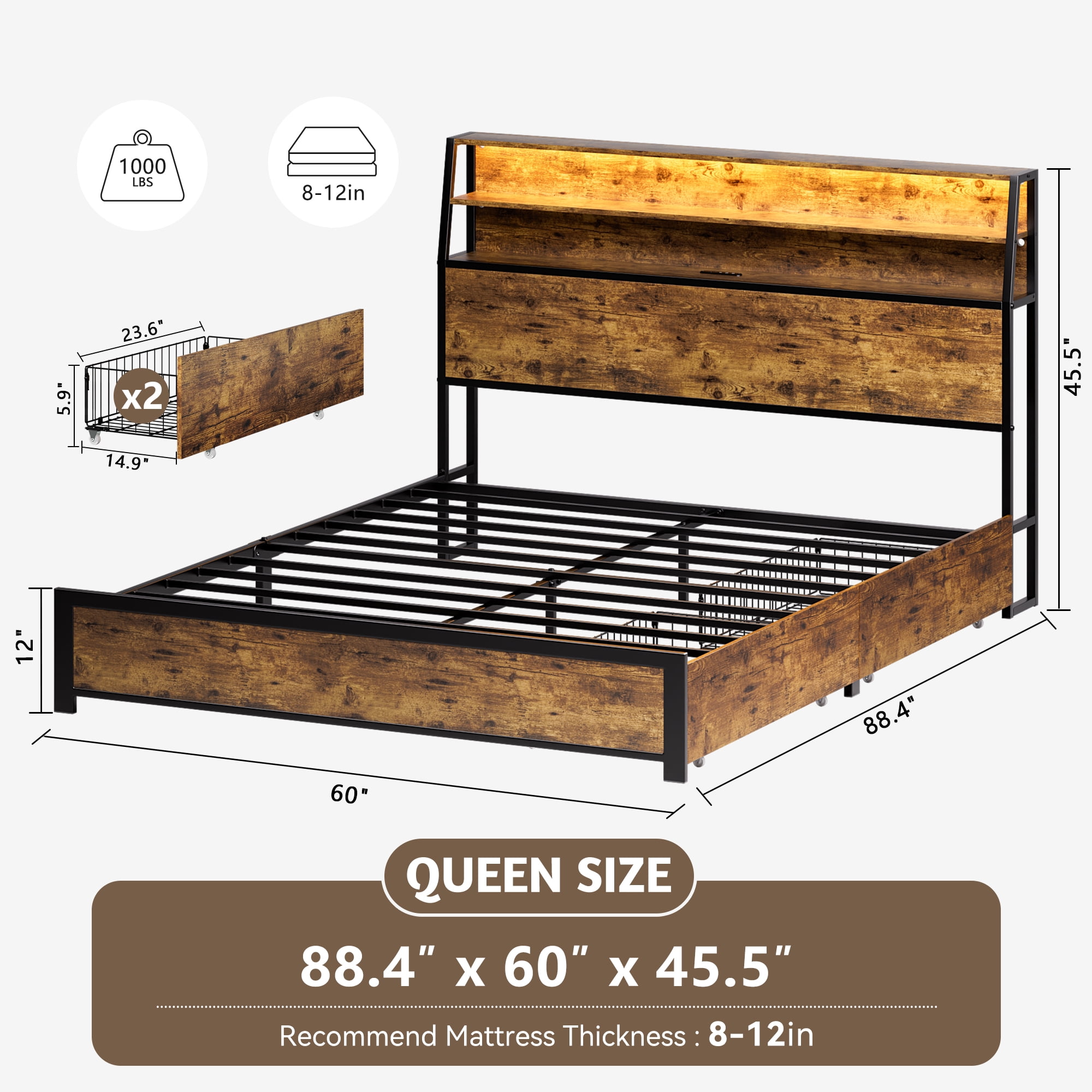 GUNAITO Queen Bed Frame with Storage Headboard, 2 Drawers Platform LED Bed Frame with USB Ports & Outlets Rustic Brown