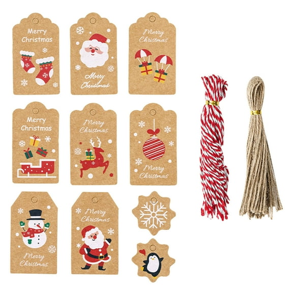 HHGBAD Christmas Gift Tags, Holiday Name Tags, Kraft Paper Labels with Ropes, 50 Pieces, 10 Styles, DIY Decoration for Presents, Gift Wrapping, Holiday Parties