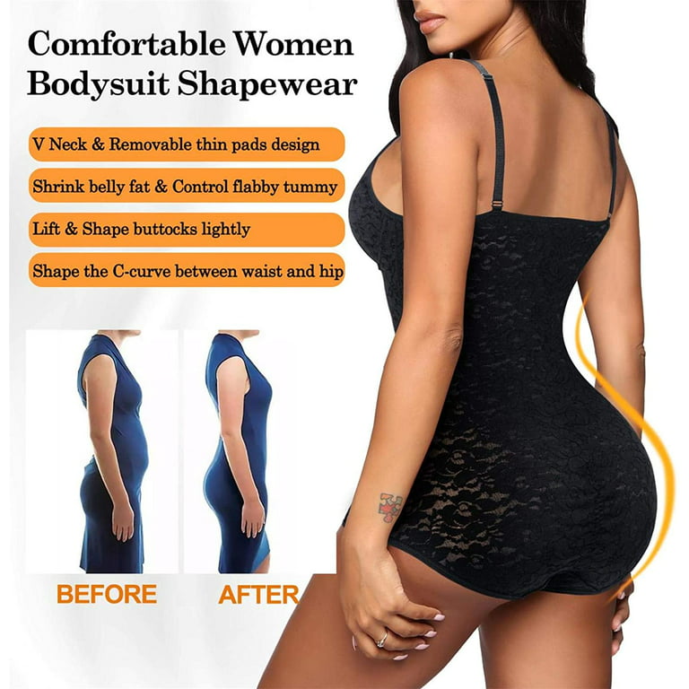 Irisnaya Shapewear Bodysuit Tummy Control Bodysuit for Women Cute Lace Cami  V-Neck Tank Top Vest Smooth Body Shaper Slimming Corset Waist Trainer(Black  Medium) 