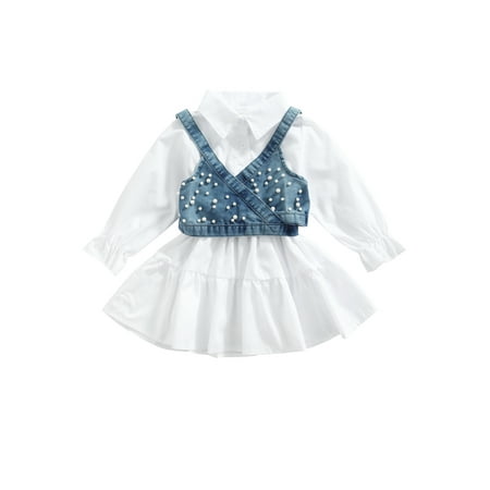 

IZhansean Toddler Baby Girls 2Pcs Dress Outfits Ruffle Long Sleeve A-Line Shirts Dress+Denim Strap Camisole Set White 2-3 Years