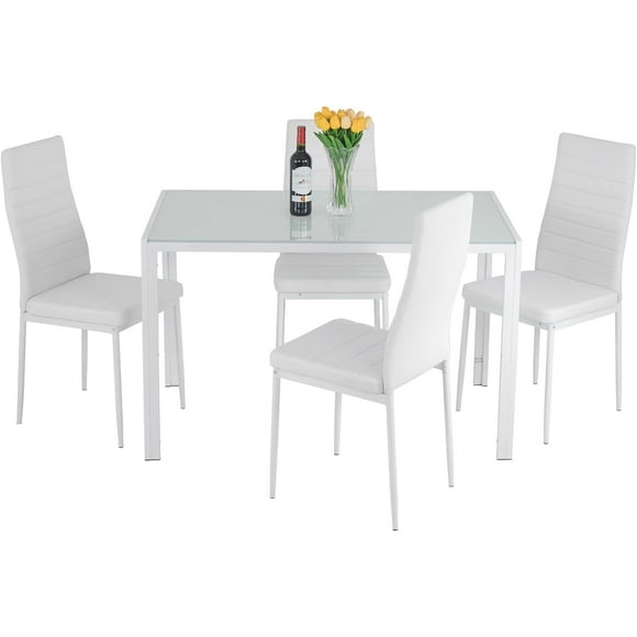 FDW Dining Table Set Glass Dining Room Table Set for Small Spaces Kitchen Table and Chairs for 4 Table with Chairs Home Furniture Rectangular Modern (White Glass)
