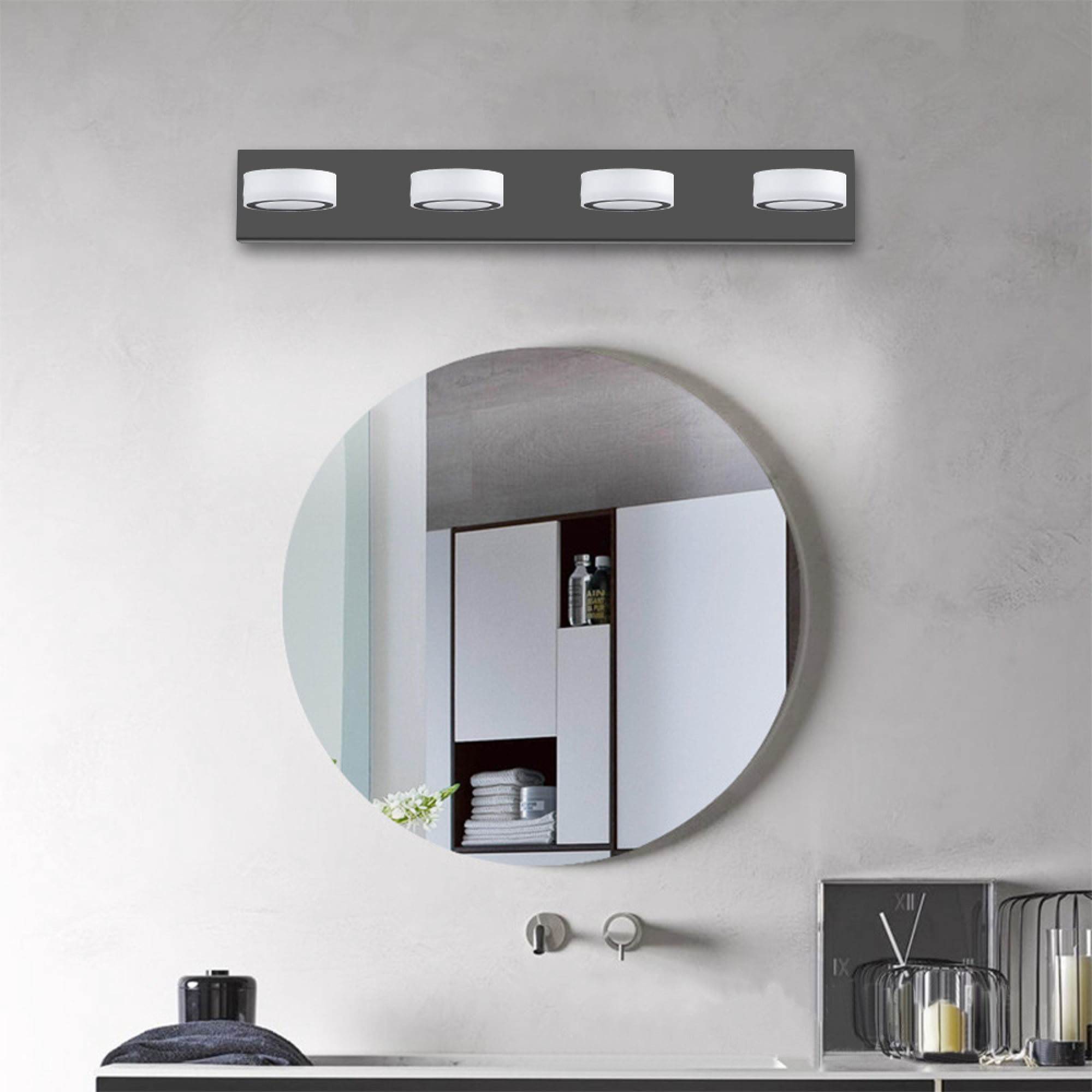 Leumius Modern 4-Light LED Vanity Light Fixture, Black Finish with Acrylic Light Shades, Energy-Efficient Bathroom Wall Sconce, Dimmable for Mirror, Shower and Bathroom Decor