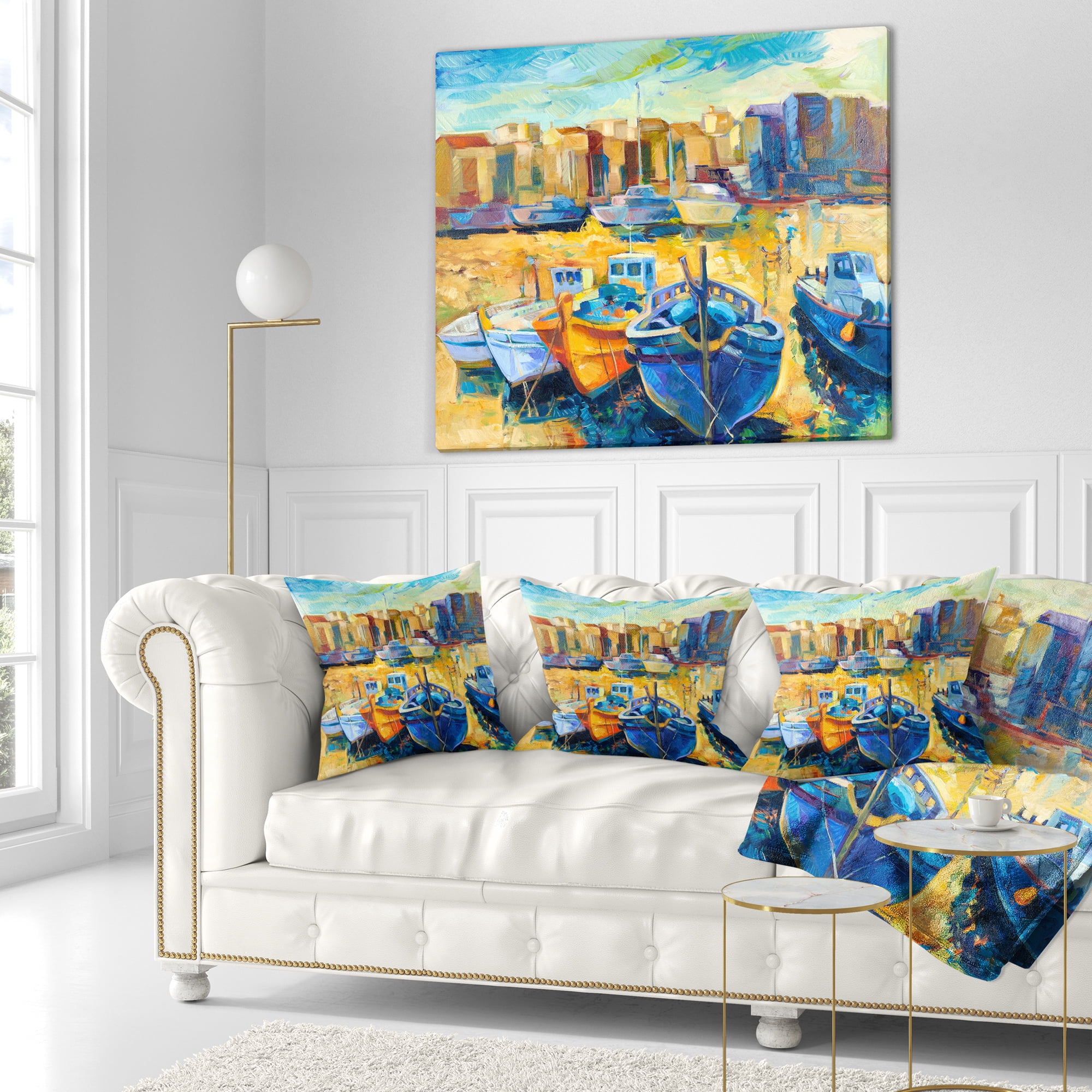 Designart Wharf and Boats - Seascape Throw Pillow - 16x16