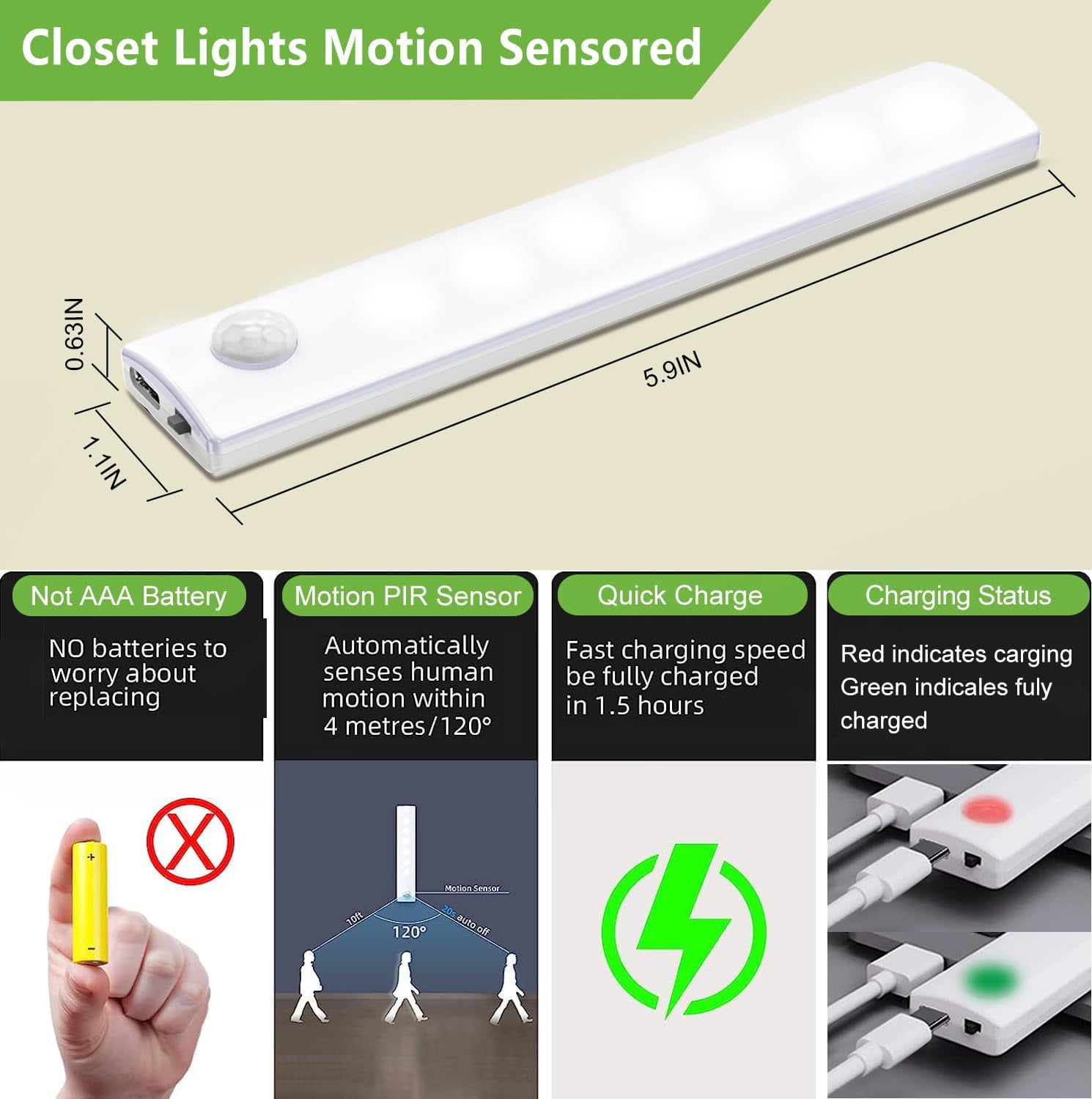 Anmeery Under Cabinet Light Wireless Motion Sensor Light Indoor Rechargeable Magnetic Closet Lights