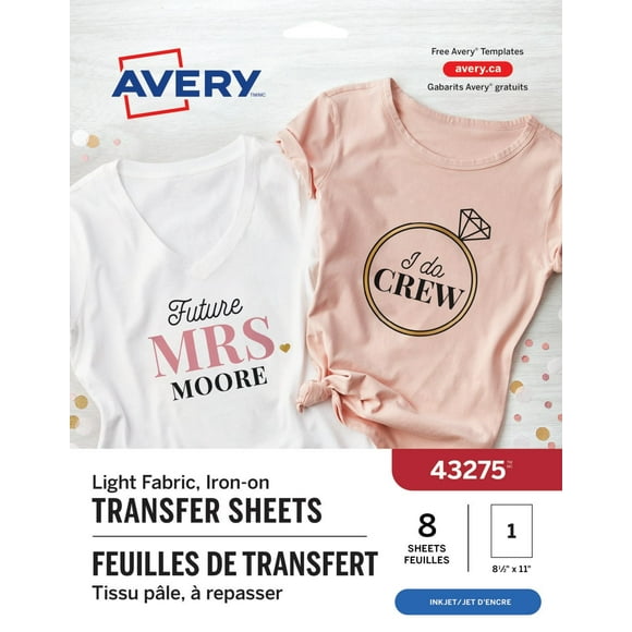 Avery Light Fabric T-Shirt Transfers, 11" x 8 ½", for Inkjet Printers - 43275