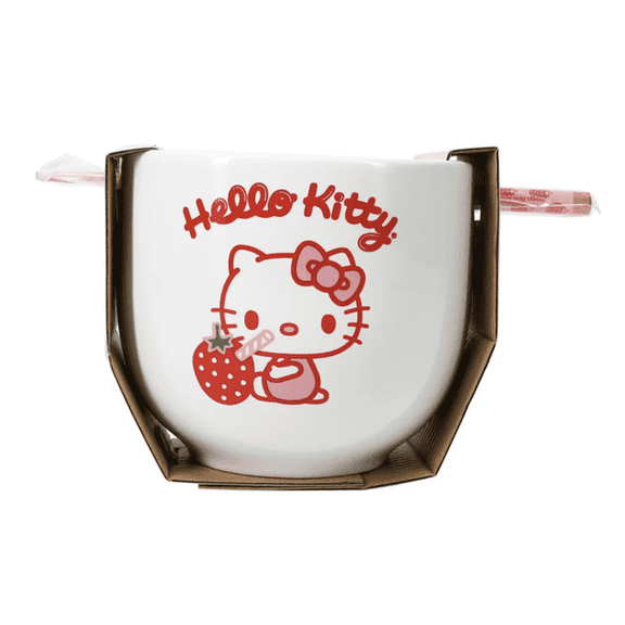 Hello Kitty Sanrio Durable Tableware Bowls with Chopsticks, Ceramic Strawberry, 16 oz