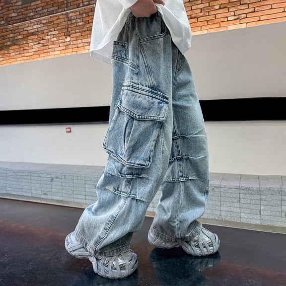CPNG Boys Baggy Cargo Jeans High Waist Hip Hop Pants Vintage Straight Wide Leg Cargo Jeans Casual Elastic Waist Loose Fit Denim Pants Y2K Streetwear with Pockets