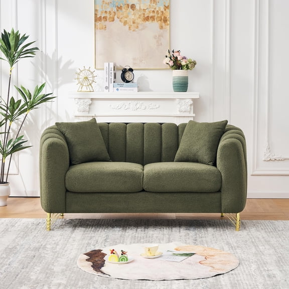 63" Green Chenille Loveseat Sofa, Modern Tufted 2-Seater Couch with Gold Metal Legs for Living Room, Bedroom, Apartment, Luxury Deep Seat Comfort